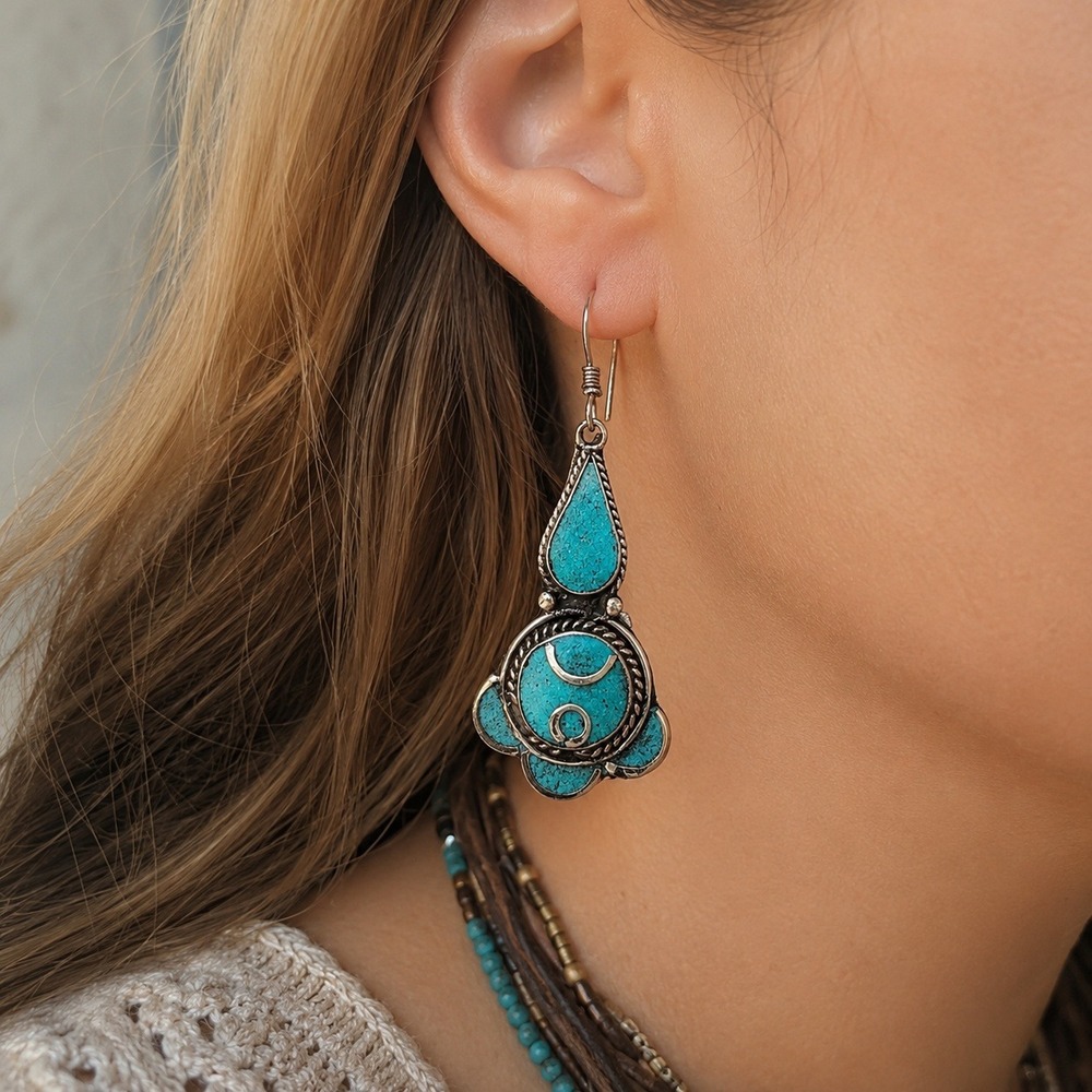 Tibetan Handmade Turquoise Gemstone Dangle Earrings Boho Southwestern Ethnic New